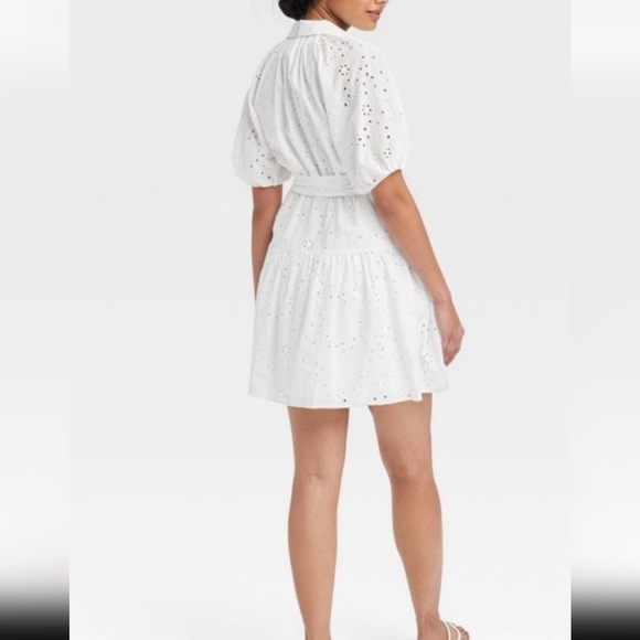 button-tie front eyelet flared dress, cotton raglan Puff sleeves, size L. - Picture 5 of 16